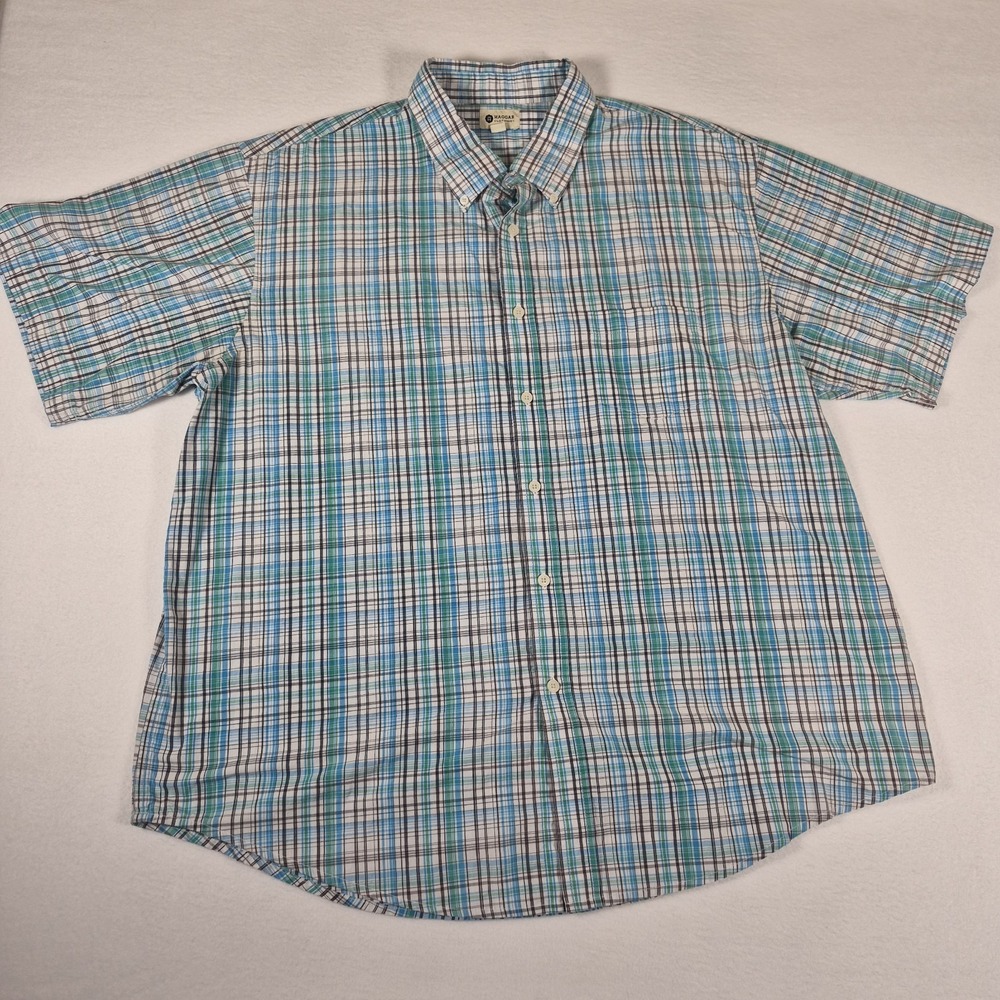 Haggar Button Down Shirt Men's 2XL Short Sleeve Blue Green White Plaid Casual